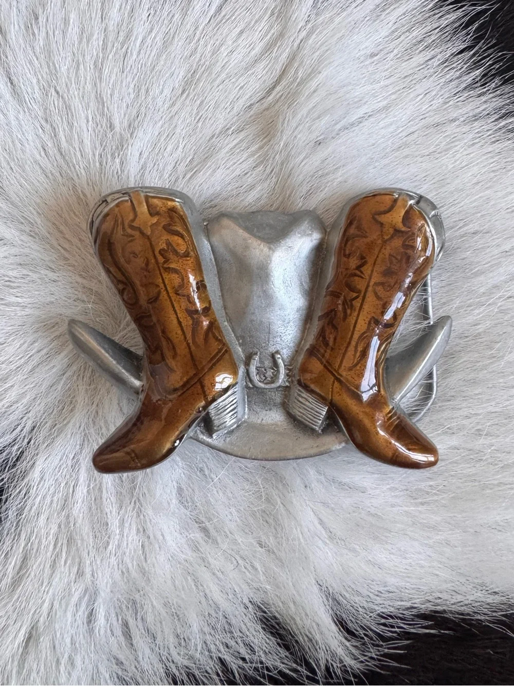 Vintage 1995 Western Cowboy Boot Belt Buckle - Brown/Silver
